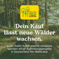 Wald mit WaldLokal-Logo und Hinweis: ein fester Anteil des Umsatzes geht an Aufforstungsprojekte in Deutschland von WaldLokal